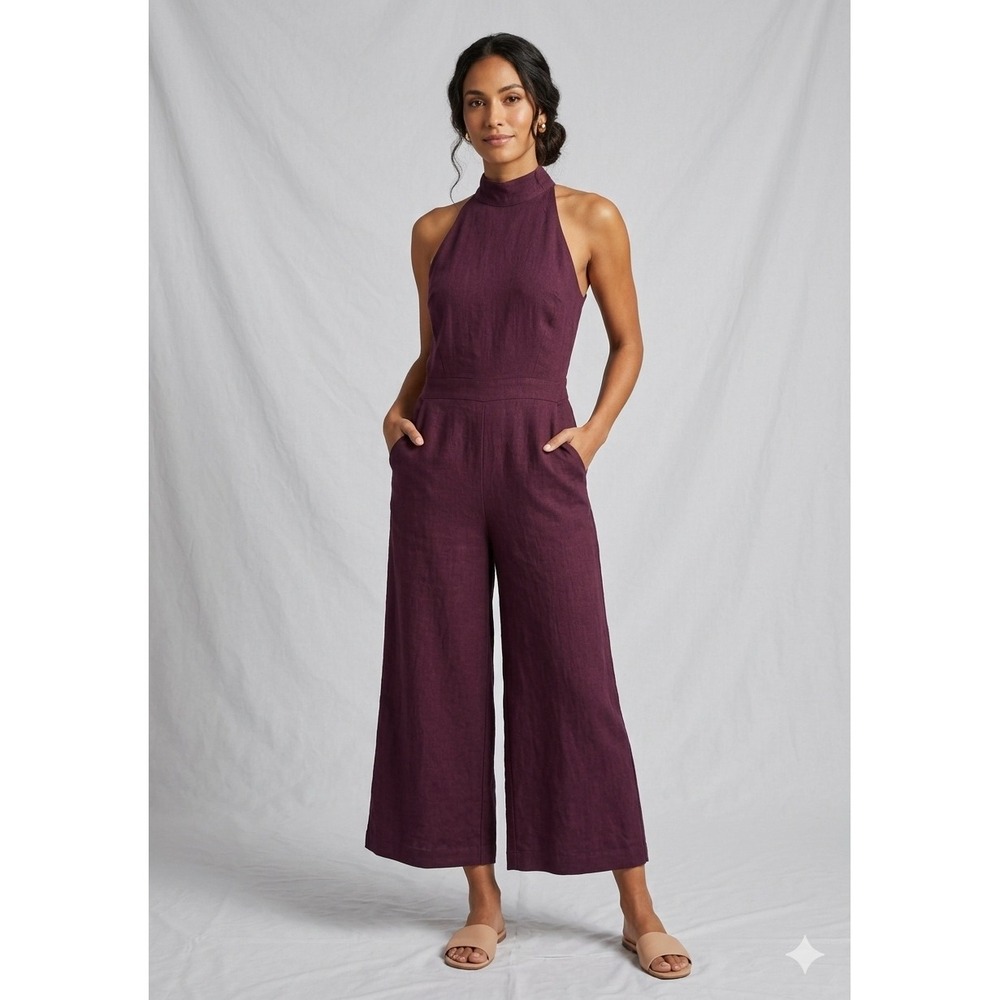 Eva Franco Jumpsuit Womens Medium Plum Excellent Textured Wide Leg‎ Mock Neck